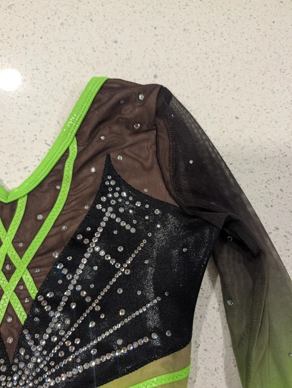 COMPETITION GK Elite Large Gymnastics Dance Leotard Neon Green 3/4 slv SWAROVSKI